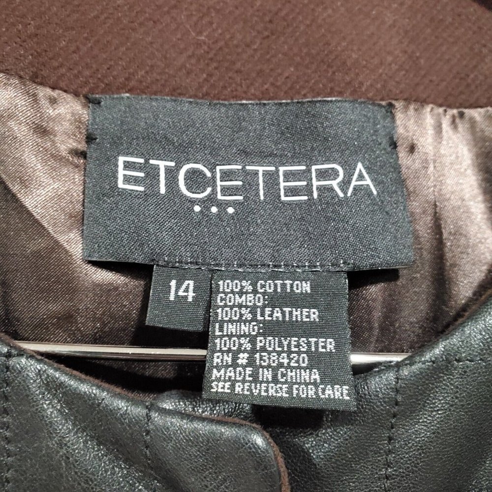 Etcetera Women's Brown Cotton Black Leather Trim Jacket Turnlock Closure Size 14 - Picture 6 of 14